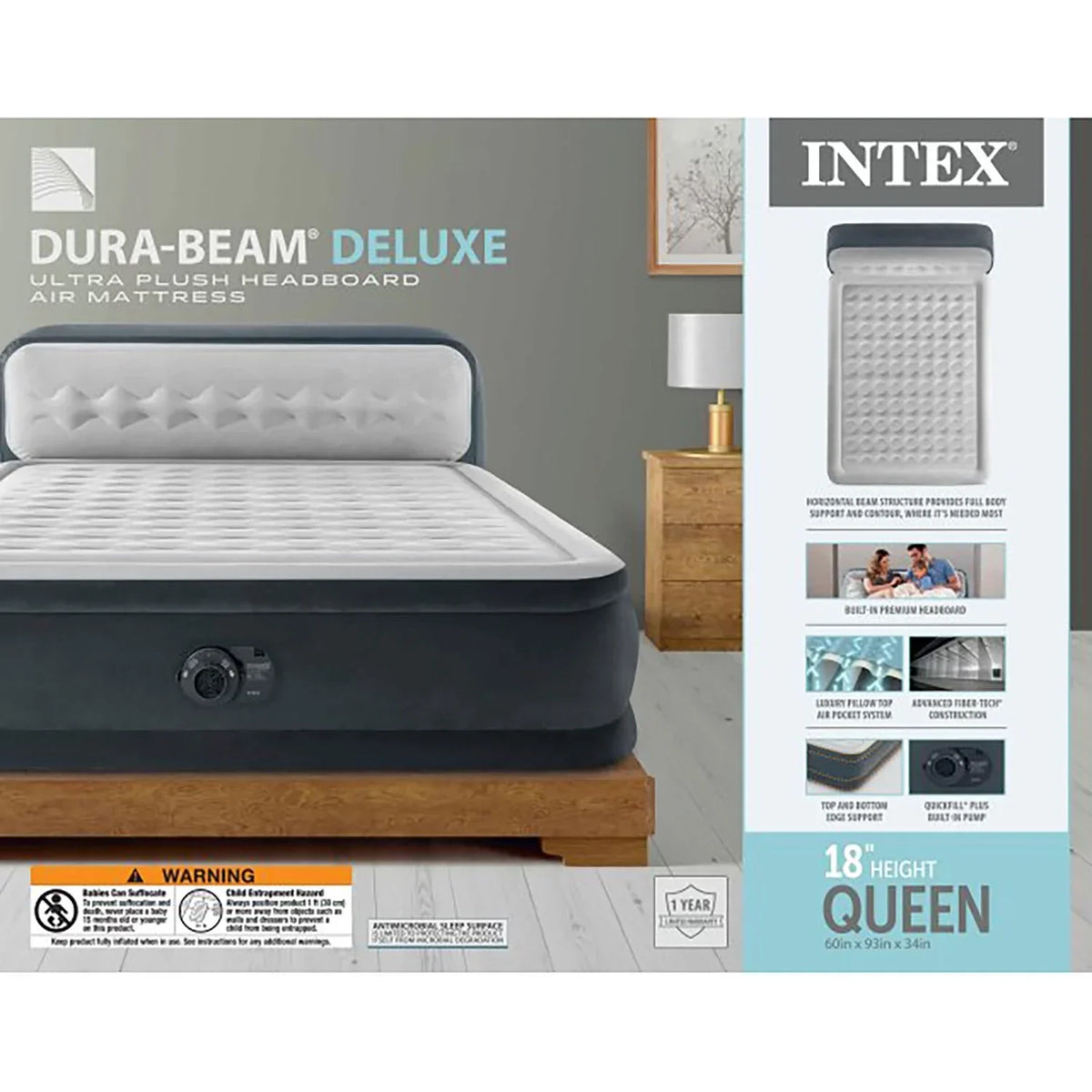 Nouveauté 2026 – D'Intex : Dura-Beam Deluxe : Matelas gonflable avec tête de lit ultra moelleuse - Queen - Gris, matelas gonflable de 45 cm, pompe intégrée, technologie Fiber-Tech, sac de transport, capacité de charge de 272 kg (64447ED