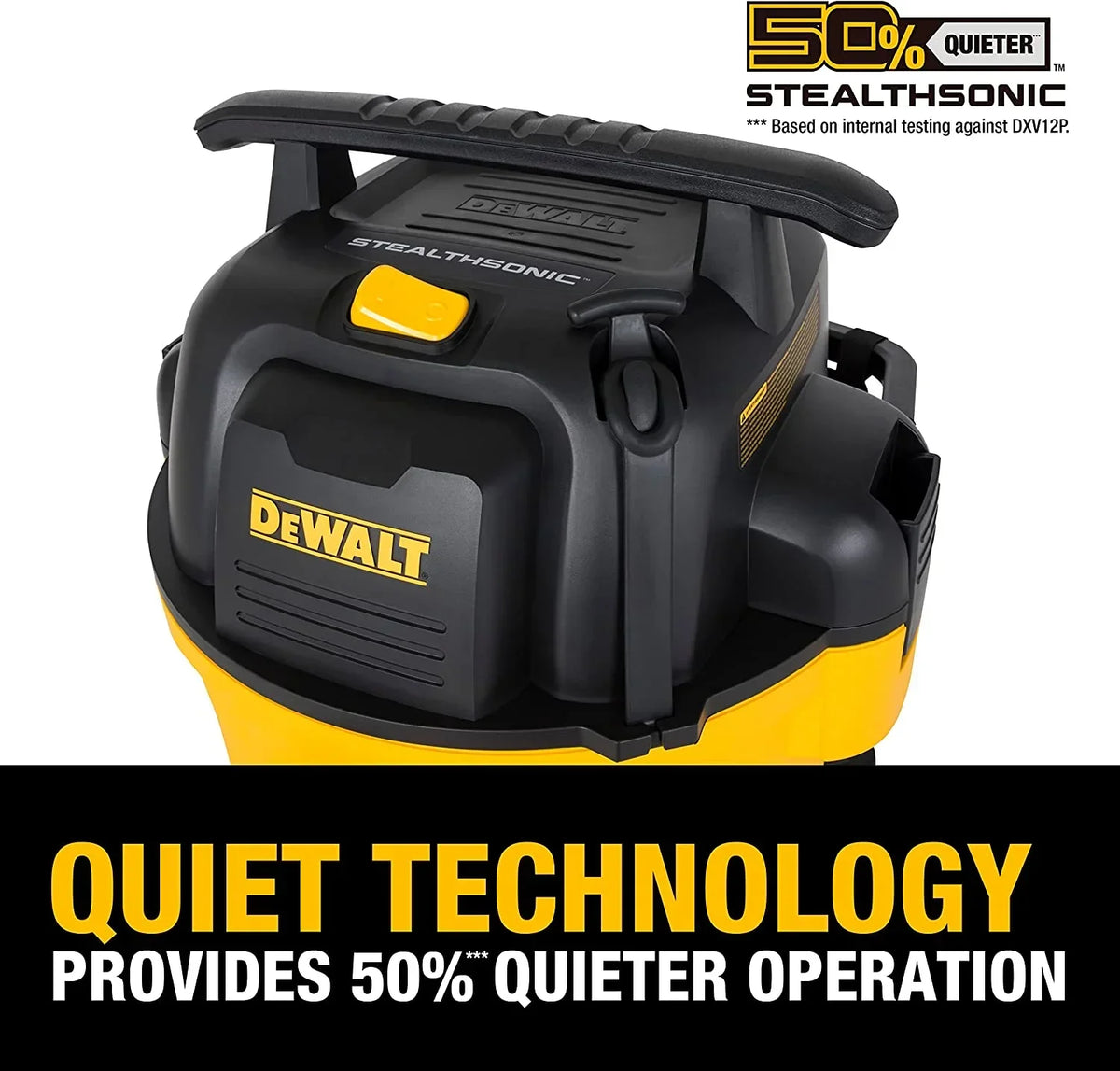 Nouveauté 2026 – Aspirateur eau et poussière DEWALT STEALTHSONIC Ultra Quiet Poly 12 gallons (45 litres), DXV12P-QTA, dernier modèle à réduction de bruit, 5,5 CV (puissance maximale), pour chantier/atelier, réduit le bruit du moteur, jaune