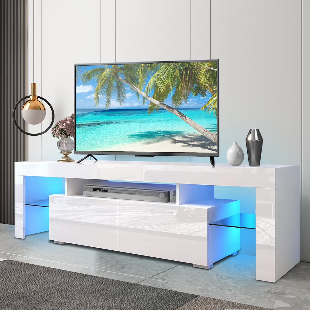 Nouveauté 2026 – Meuble TV PAPROOS pour téléviseurs jusqu'à 70 pouces, finition laquée brillante avec éclairage LED, console TV moderne avec tiroirs de rangement, meuble multimédia, blanc