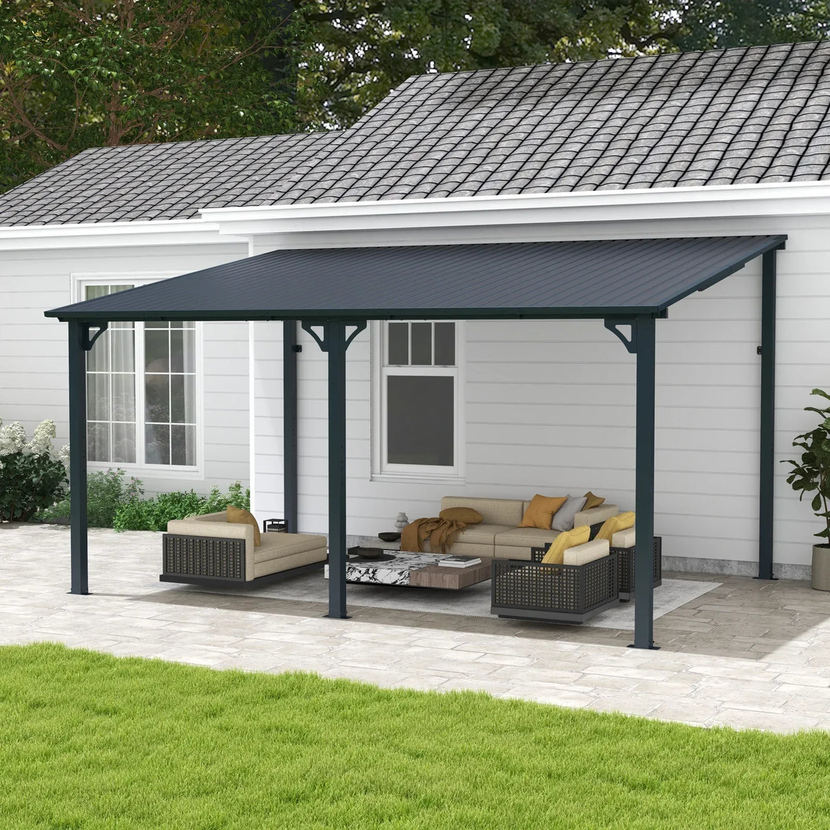Nouveauté 2026 – Pergola extérieure neuve de 2,44 m x 3,05 m, tonnelle adossée, pergola métallique robuste avec toit rigide, idéale pour patio, jardin, terrasse ou piscine