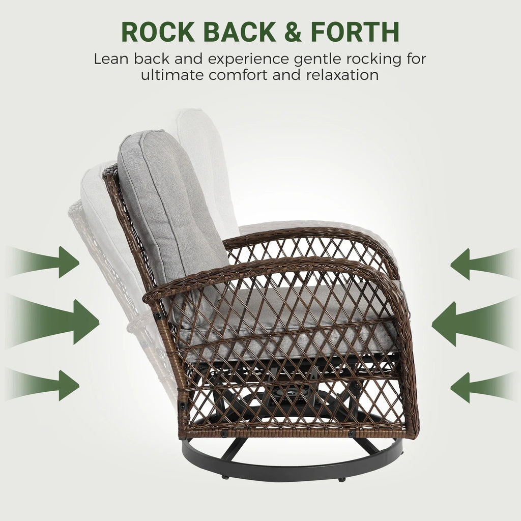 Nouveauté 2026 – Ensemble de 3 fauteuils à bascule pivotants pour patio, 2 fauteuils à bascule pivotants à 360 degrés et 1 table basse en verre, ensemble bistro d'extérieur en rotin PE avec coussins pour balcon, terrasse, piscine, jardin ou véranda