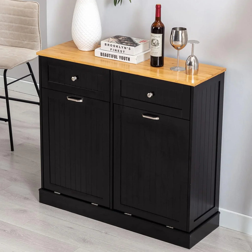 Nouveauté 2026 – Armoire à poubelles double basculante Hlivelood , 75 litres, résistante aux animaux, avec panier à linge et planche à découper, et tiroirs de rangement escamotables pour le tri des déchets en bois