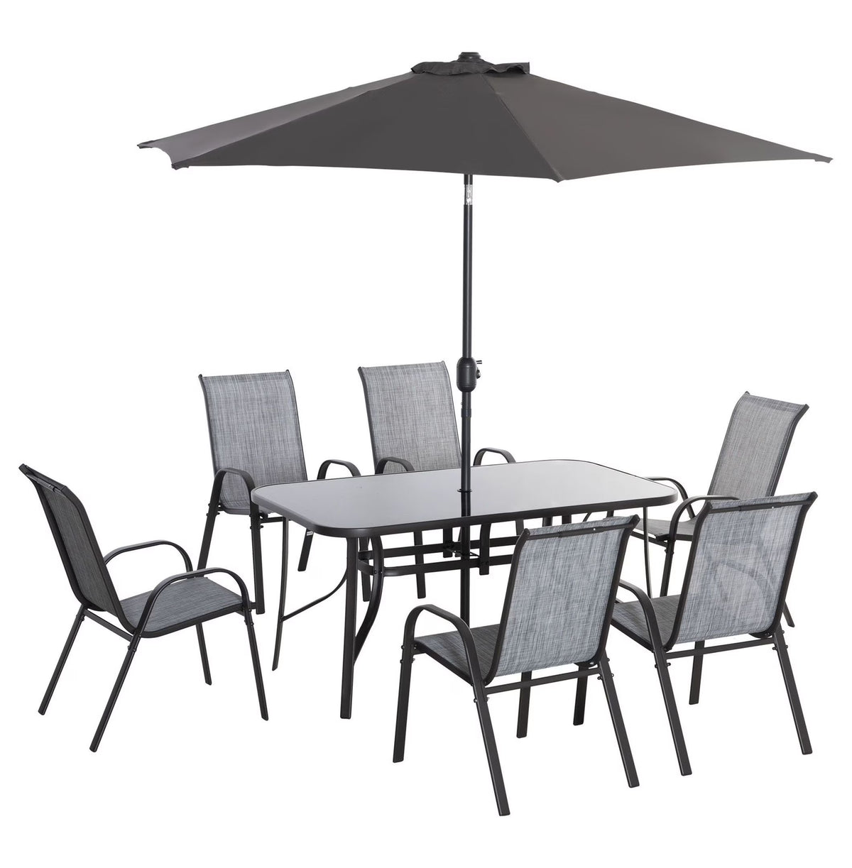 Nouveauté 2026 – Ensemble de salle à manger d'extérieur 8 pièces avec parasol, table et chaises de patio, tissu à séchage rapide, 6 chaises, gris
