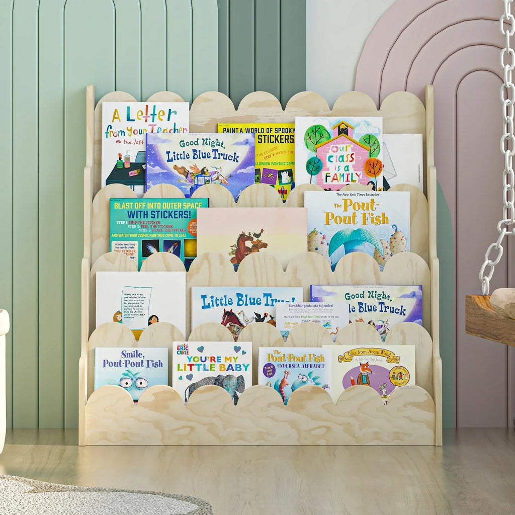 Nouveauté 2026 – Étagère Montessori en bois pour enfants - Présentoir à livres festonné à 4 niveaux, rangement pour livres et jouets de bébé/tout-petit, rangement mixte pour salle de jeux ou classe