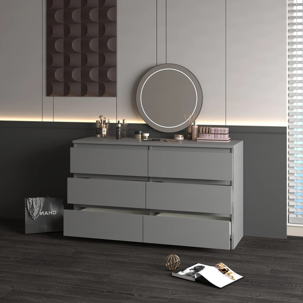 Nouveauté 2026 – Commode Resenkos moderne style milieu du siècle, 6 tiroirs, large, pour chambre à coucher, grise