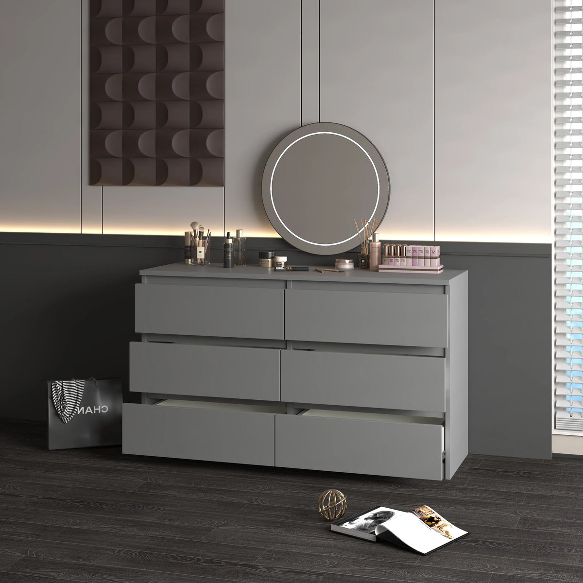 Nouveauté 2026 – Commode Resenkos moderne style milieu du siècle, 6 tiroirs, large, pour chambre à coucher, grise
