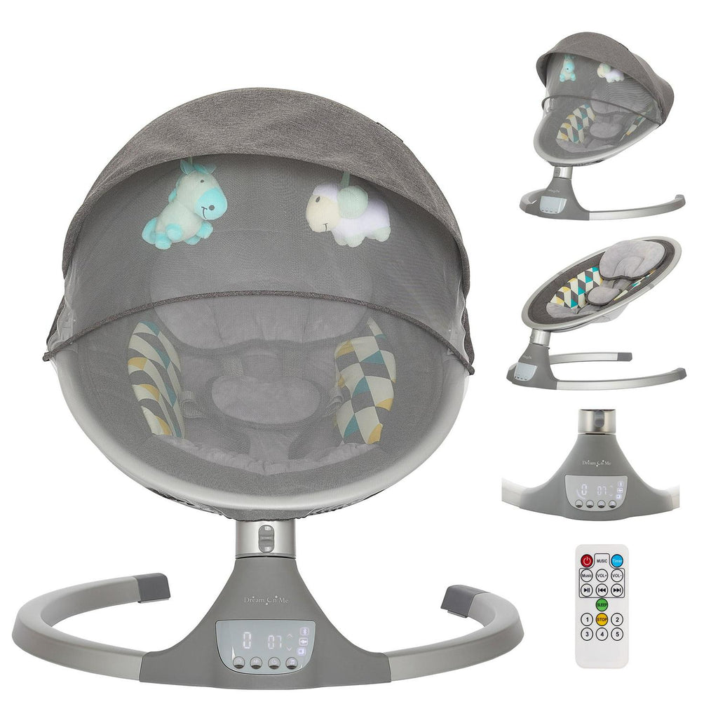 Nouveauté 2026 – Balancelle pour bébé Dream On Me Zazu . Balancelle pour nourrisson. 5 vitesses de balancement. Deux jouets intégrés. Connectivité Bluetooth et télécommande. Gris et bleu