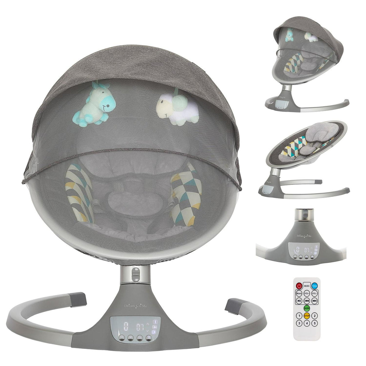 Nouveauté 2026 – Balancelle pour bébé Dream On Me Zazu . Balancelle pour nourrisson. 5 vitesses de balancement. Deux jouets intégrés. Connectivité Bluetooth et télécommande. Gris et bleu