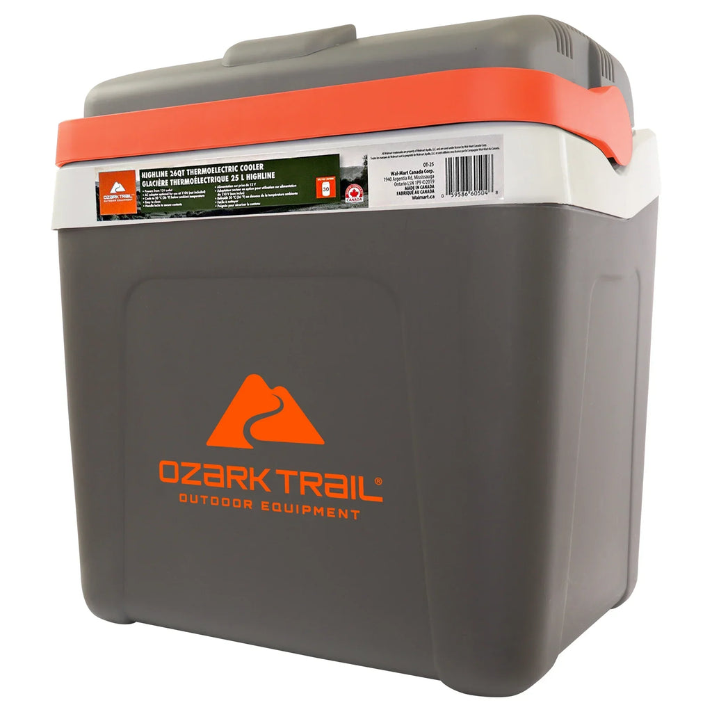 Nouveauté 2026 – Glacière électrique Ozark Trail 26QT 12V portable pour les voyages, la plage, le camping et les pique-niques, isotherme, 30 canettes, sans glace, 24 L, grise