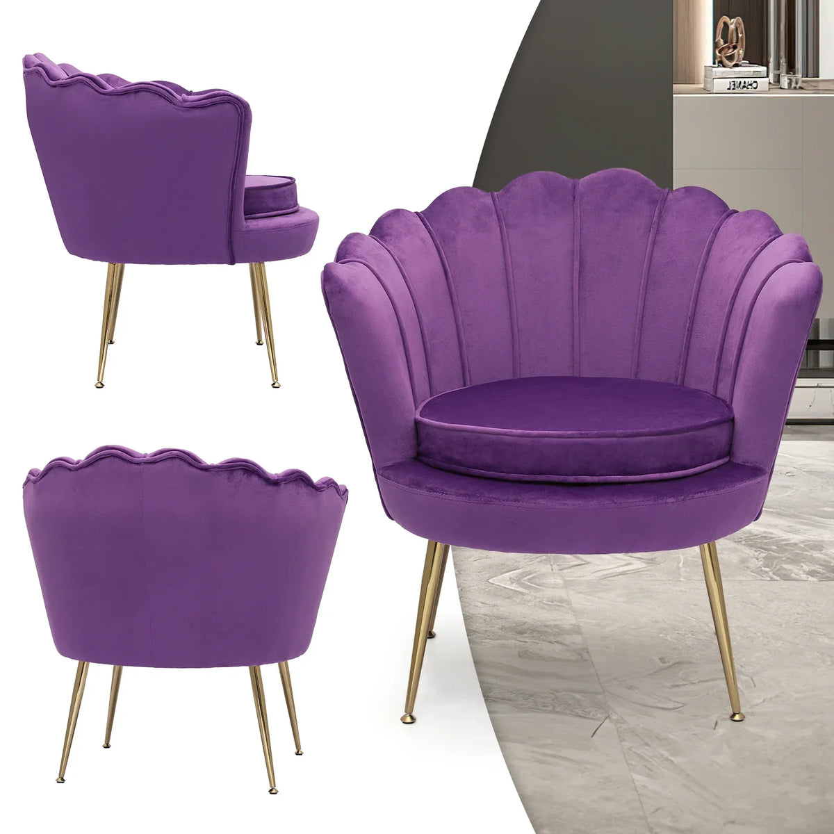 Nouveauté 2026 – Ensemble de 2 fauteuils d'appoint MoNiBloom , capitonnés en velours, avec coussin et repose-pieds. Fauteuil moderne rembourré, assise capitonnée et pieds en métal doré, idéal pour le salon. Couleur : noir
