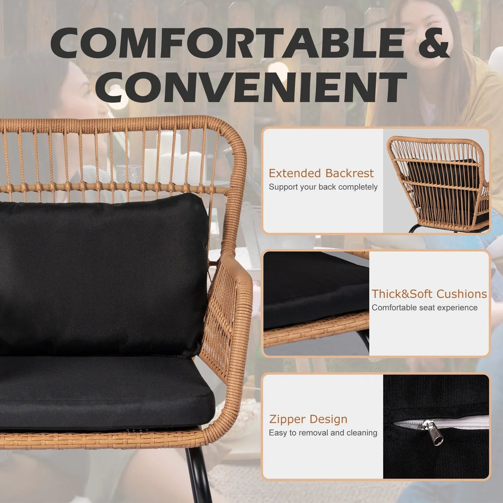 Nouveauté 2026 – Ensemble bistro de conversation 3 pièces Tappio pour patio, mobilier de jardin en rotin, table basse en verre et coussins, jaune/beige, idéal pour le jardin, le balcon, la terrasse ou la piscine