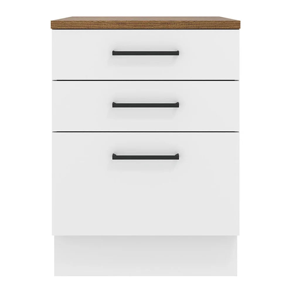 Nouveauté 2026 – Meuble bas de rangement de cuisine Madesa Hazel avec 3 tiroirs, largeur 58,4 cm (23 po), en bois d'ingénierie peint, à poser au sol, socle amovible - Blanc