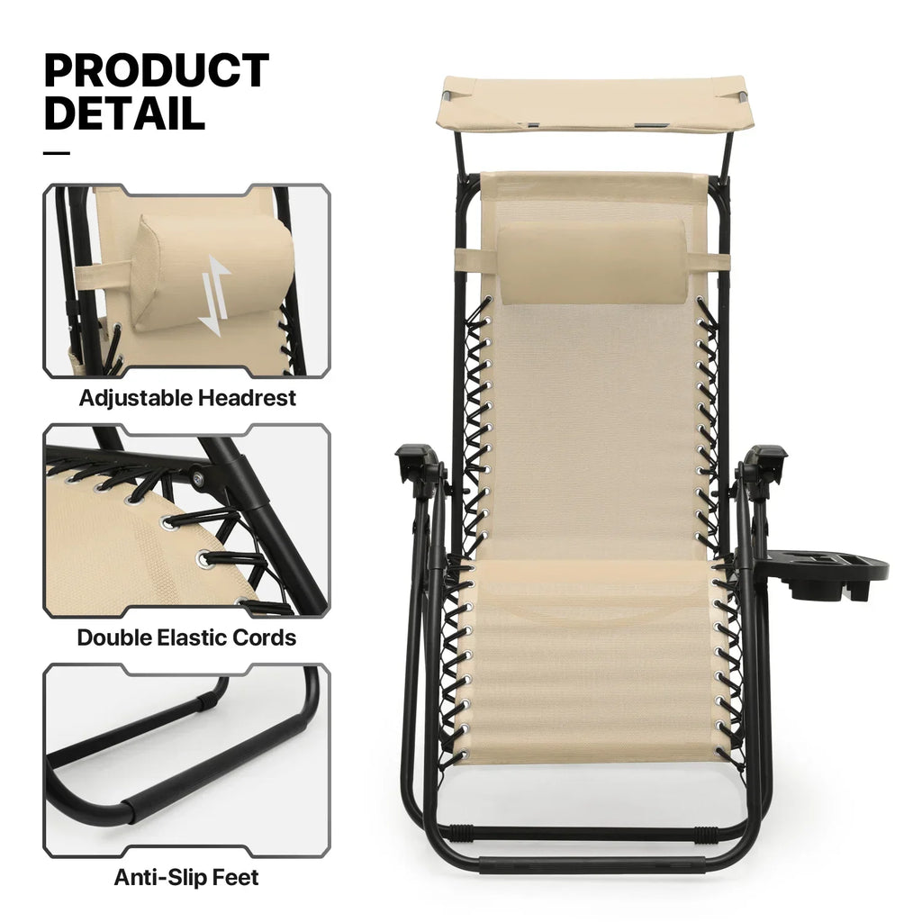 Nouveauté 2026 – Ensemble de 2 chaises MoNiBloom Zero Gravity , fauteuils de plage/terrasse pliables avec auvent et appui-tête, noirs