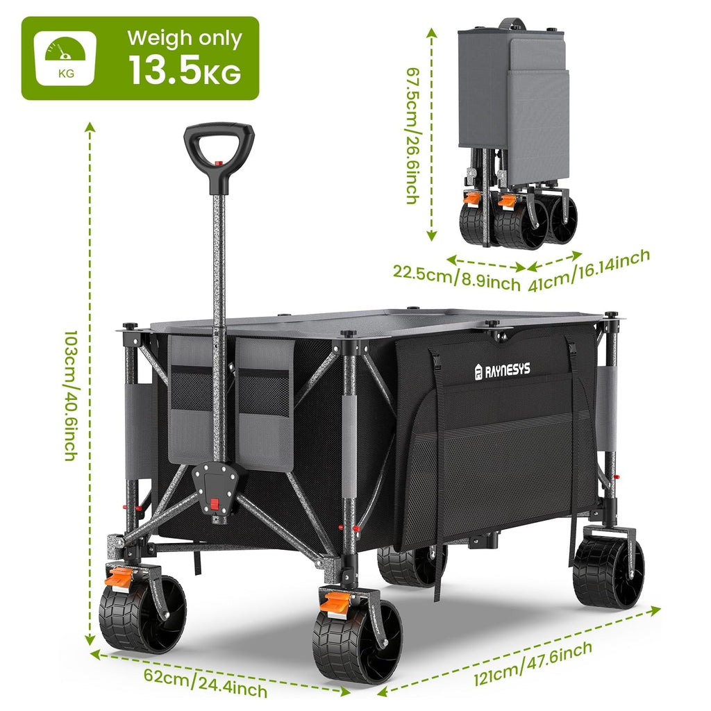 Nouveauté 2026 – Chariot pliable Raynesys 300L avec roues, , capacité de 200 kg, robuste, idéal pour la plage, les sports de sable, le camping et les courses, noir et gris