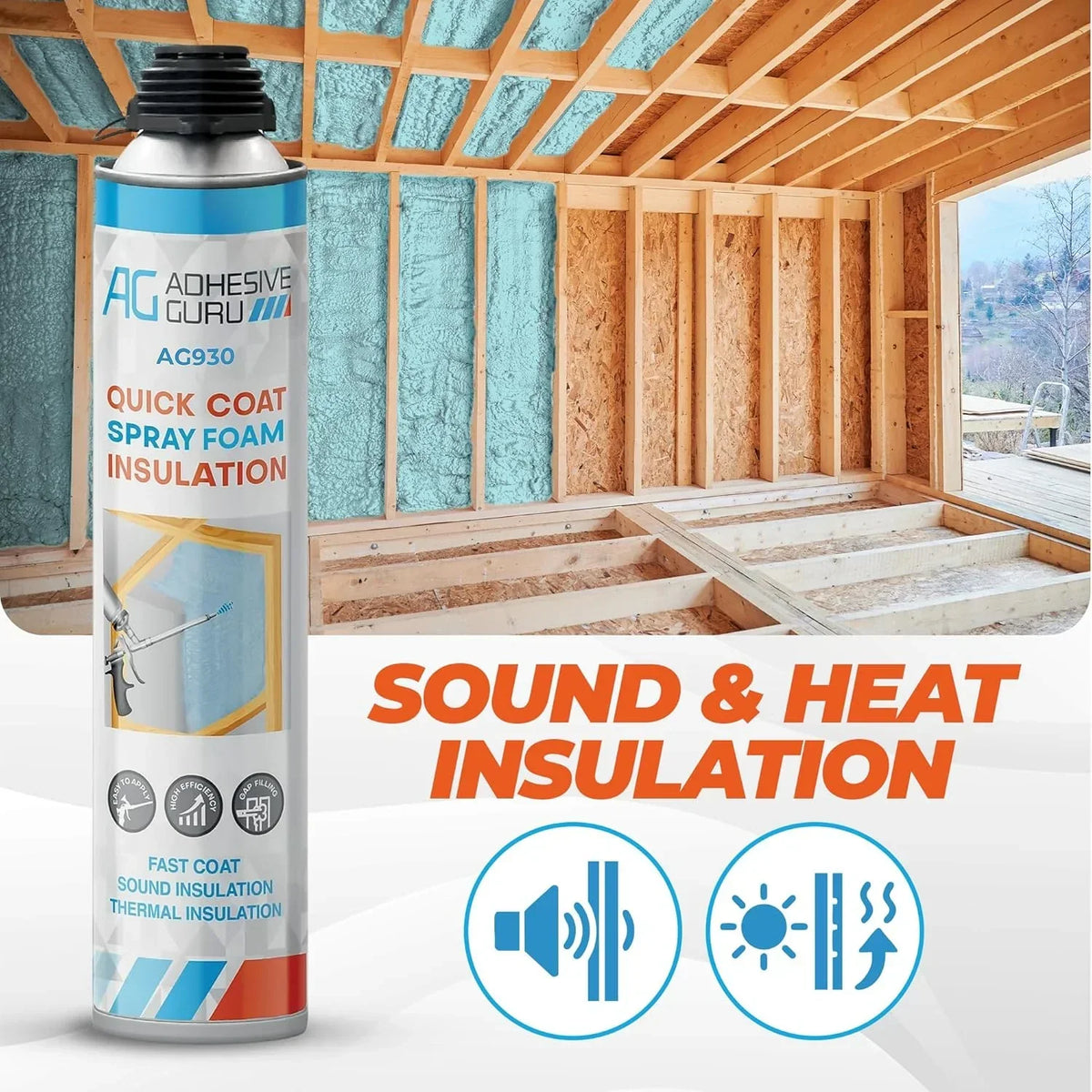 Nouveauté 2026 – Kit d'isolation en mousse expansive Adhesive Guru (18 x 930 g - 360 pieds-planche), mousse adhésive auto-expansible, isolation thermique et acoustique à cellules fermées, avec nettoyant et pistolet applicateur - paquet de 18