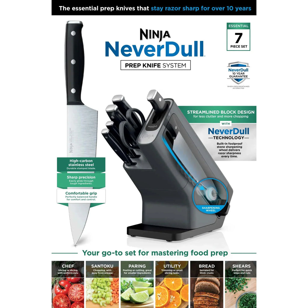 Nouveauté 2026 – Système de couteaux essentiels 14 pièces en acier inoxydable Ninja NeverDull avec affûteur intégré, K12014 Noir/Gris