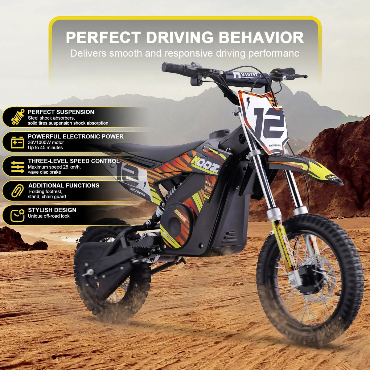 Nouveauté 2026 – Moto tout-terrain électrique MotoTec 36 V 1000 W (HP112E) bleue