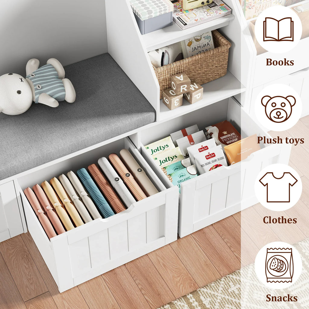 Nouveauté 2026 – Bibliothèque pour enfants Homfa avec coin lecture et 3 tiroirs amovibles, bibliothèque à 2 cubes avec étagères à livres à 4 niveaux, rangement pour jouets et jouets, idéale pour la chambre ou la salle de jeux, blanche