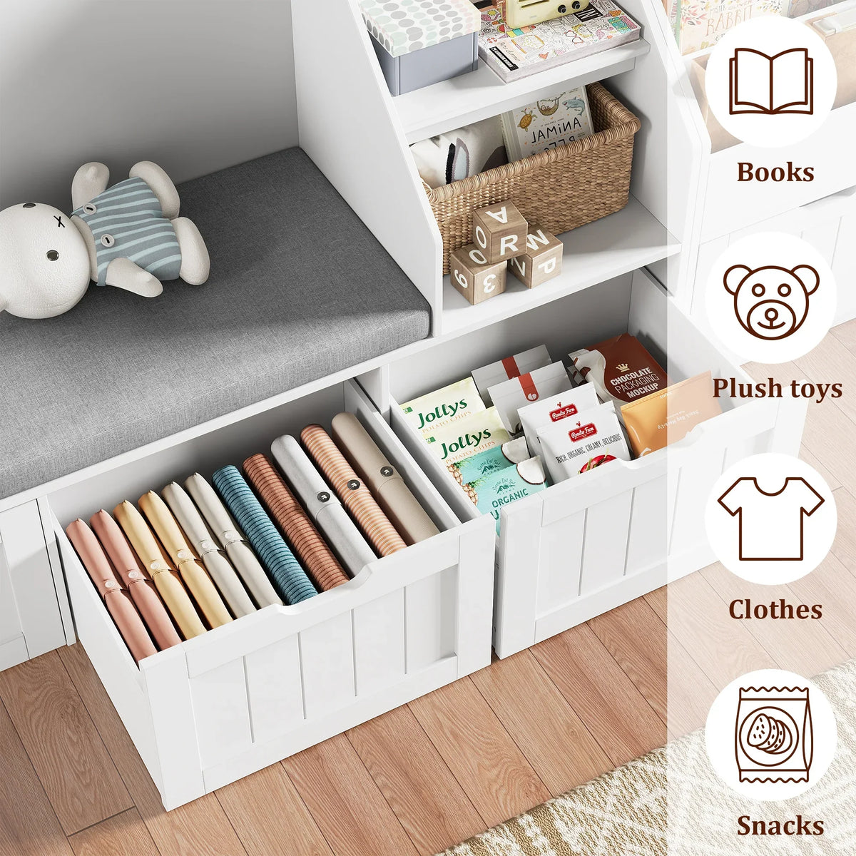 Nouveauté 2026 – Bibliothèque pour enfants Homfa avec coin lecture et 3 tiroirs amovibles, bibliothèque à 2 cubes avec étagères à livres à 4 niveaux, rangement pour jouets et jouets, idéale pour la chambre ou la salle de jeux, blanche