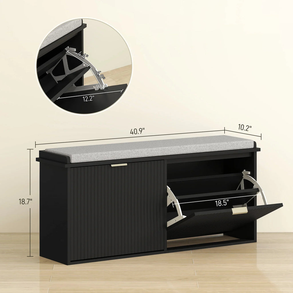 Nouveauté 2026 – Banc à chaussures HOMCOM avec assise rembourrée et tiroir rabattable, supportant jusqu'à 240 kg, 104 x 26 x 48 cm, noir