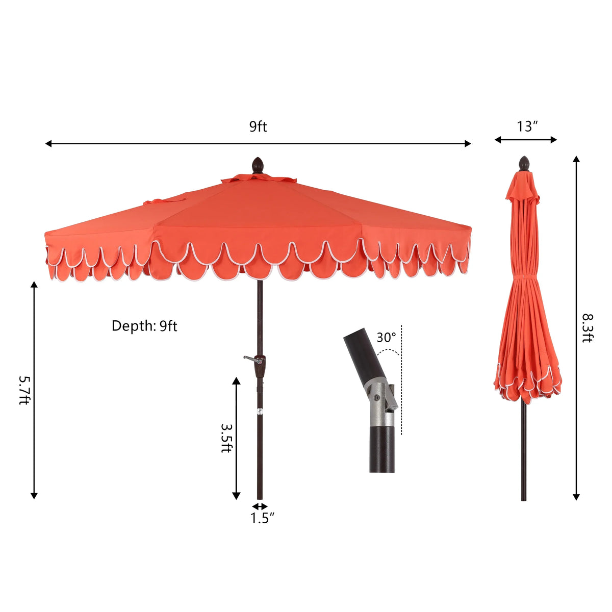 Nouveauté 2026 – Parasol de marché JONATHAN Y Tracy 2,74 m (9 pi), style classique milieu du siècle, franges festonnées, manivelle d'inclinaison automatique, aération et protection UV, rose corail/blanc, mât marron foncé