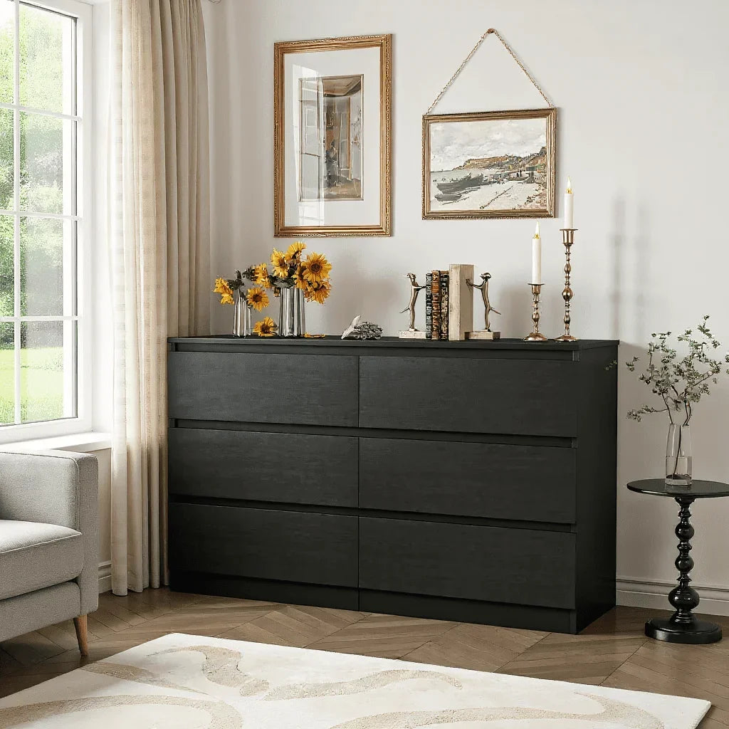 Nouveauté 2026 – Commode moderne Kadyn à 6 tiroirs, meuble en bois, commode pour chambre, meuble de rangement de cuisine avec tiroirs, commode (noire
