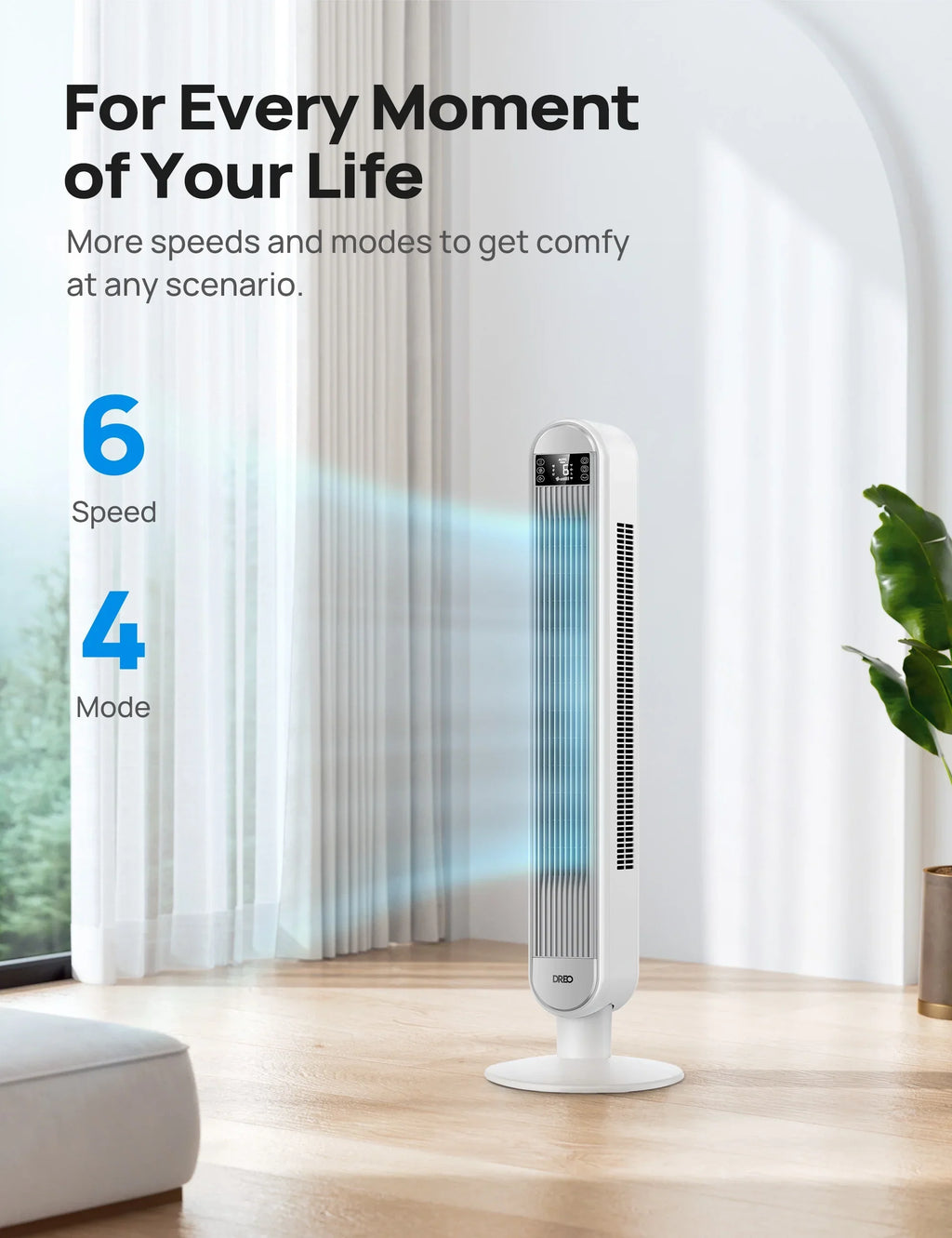 Nouveauté 2026 – Ventilateur tour Dreo pour la maison, ventilateur sur pied de 107 cm avec télécommande, ventilateur oscillant de 229 cm pour l'intérieur, ventilateurs de chambre silencieux (34 dB), 6 vitesses, 4 modes, minuterie de 12 heures, ventil