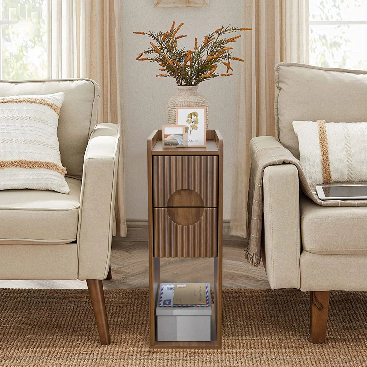 Nouveauté 2026 – Ensemble de 2 tables de chevet étroites Narrow avec tiroirs, table d'appoint fine cannelée avec rangement pour petits espaces