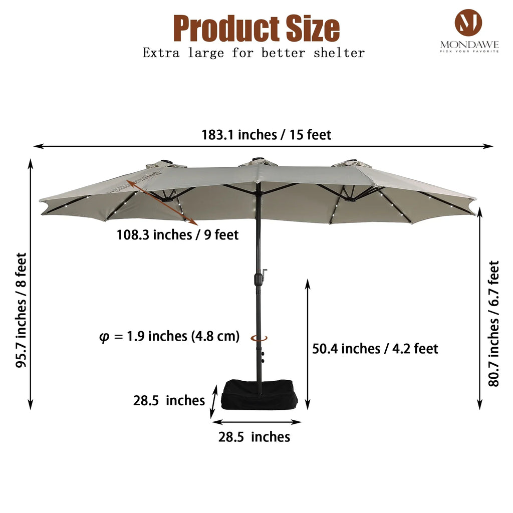 Nouveauté 2026 – Parasol rectangulaire Mondawe 4,57 m (15 pi) avec base et éclairage LED beige