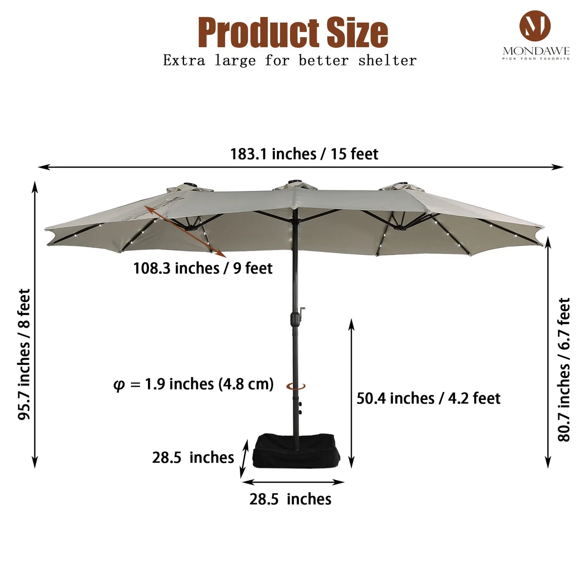 Nouveauté 2026 – Parasol rectangulaire Mondawe 4,57 m (15 pi) avec base et éclairage LED beige
