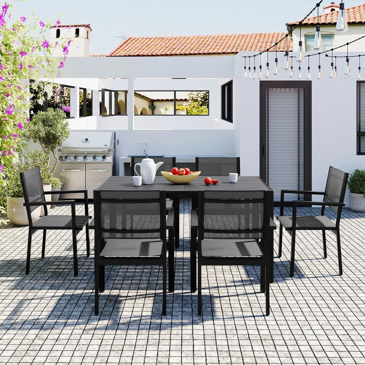 Nouveauté 2026 – Ensemble de salle à manger d'extérieur 7 pièces , comprenant une table et des chaises pour 6 personnes, un plateau en plastique imitation bois et un mobilier de jardin en textilène. Idéal pour terrasse ou patio