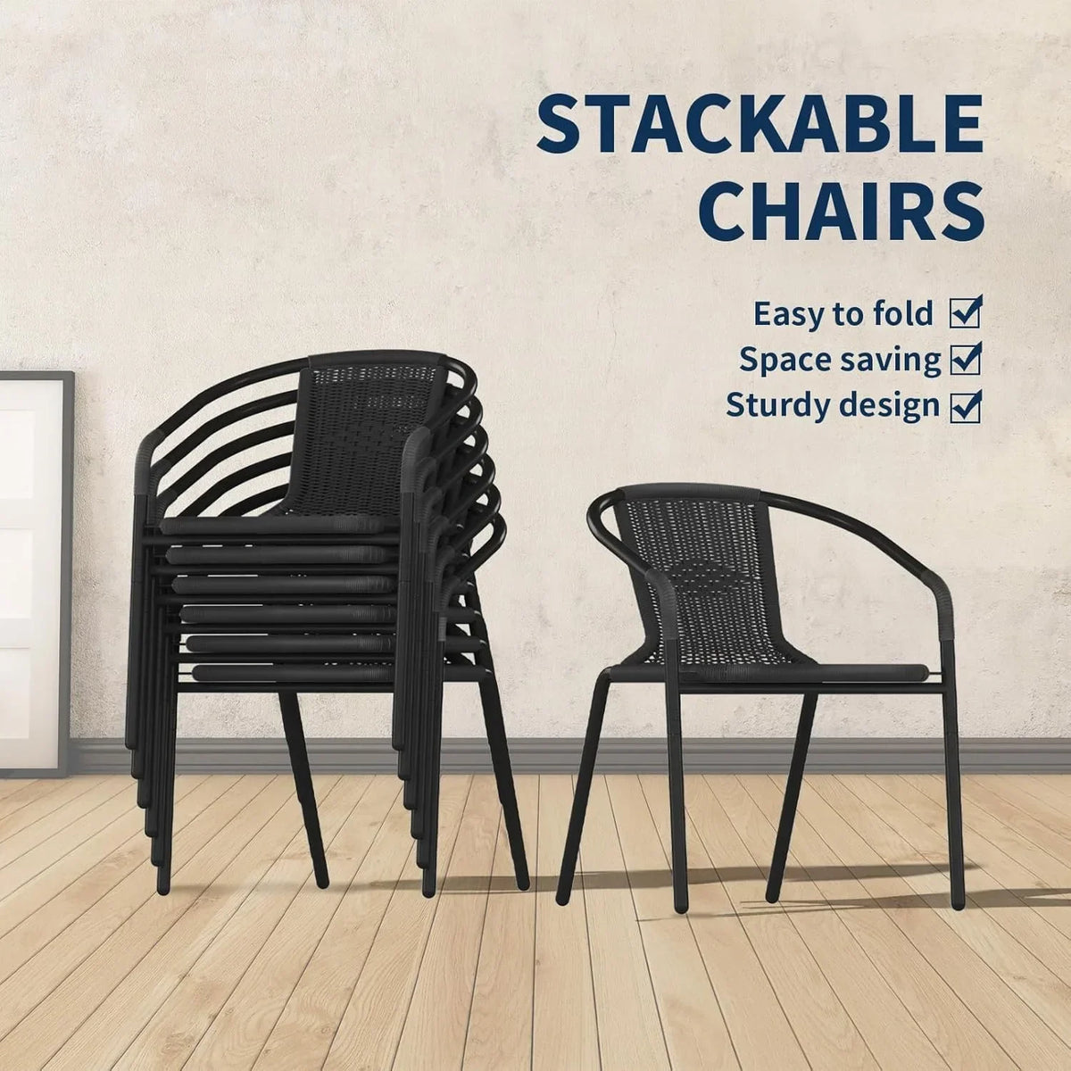 Nouveauté 2026 – Ensemble de 6 chaises de jardin ELPOSUN , chaises de patio en osier avec structure en métal, chaises empilables en rotin pour bistro, terrasse, jardin, porche, restaurant (noir