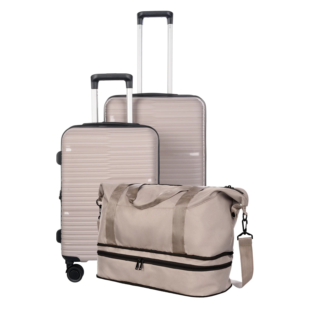 Nouveauté 2026 – Ensemble de bagages 3 pièces Protege , couleur Taupe Splash, comprenant une valise cabine de 20 pouces, une valise de 25 pouces et un sac de voyage week-end