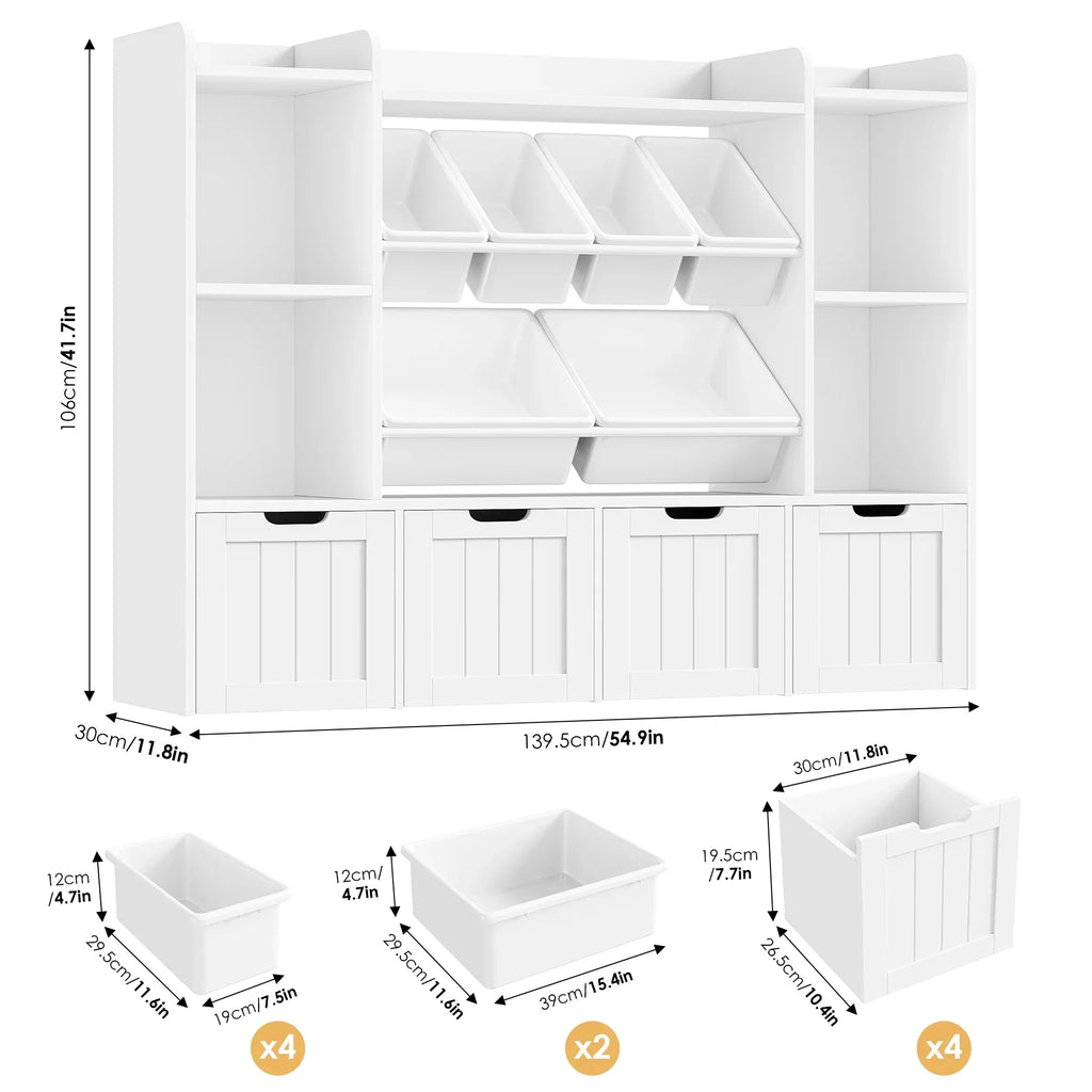 Nouveauté 2026 – Bibliothèque enfant Hiphuta à 3 niveaux avec rangement pour jouets, en bois, composée de 6 boîtes et 4 tiroirs amovibles, blanche