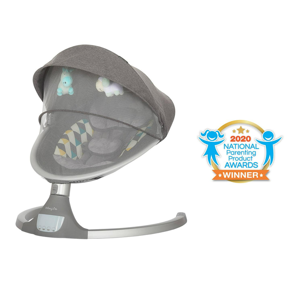 Nouveauté 2026 – Balancelle pour bébé Dream On Me Zazu . Balancelle pour nourrisson. 5 vitesses de balancement. Deux jouets intégrés. Connectivité Bluetooth et télécommande. Gris et bleu