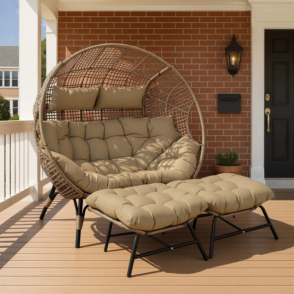 Nouveauté 2026 – Fauteuil double œuf RADIATA pour 2 personnes, canapé deux places surdimensionné en résine tressée avec coussins épais, capacité de 308 kg, fauteuil de jardin/terrasse fixe pour intérieur/extérieur, balcon, jardin, beige