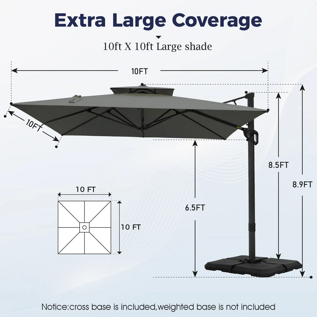 Nouveauté 2026 – Parasol d'extérieur Alpha Joy 12x9pi (3,66 x 2,74 m), grand modèle rectangulaire déporté à double structure, rotation à 360°, beige