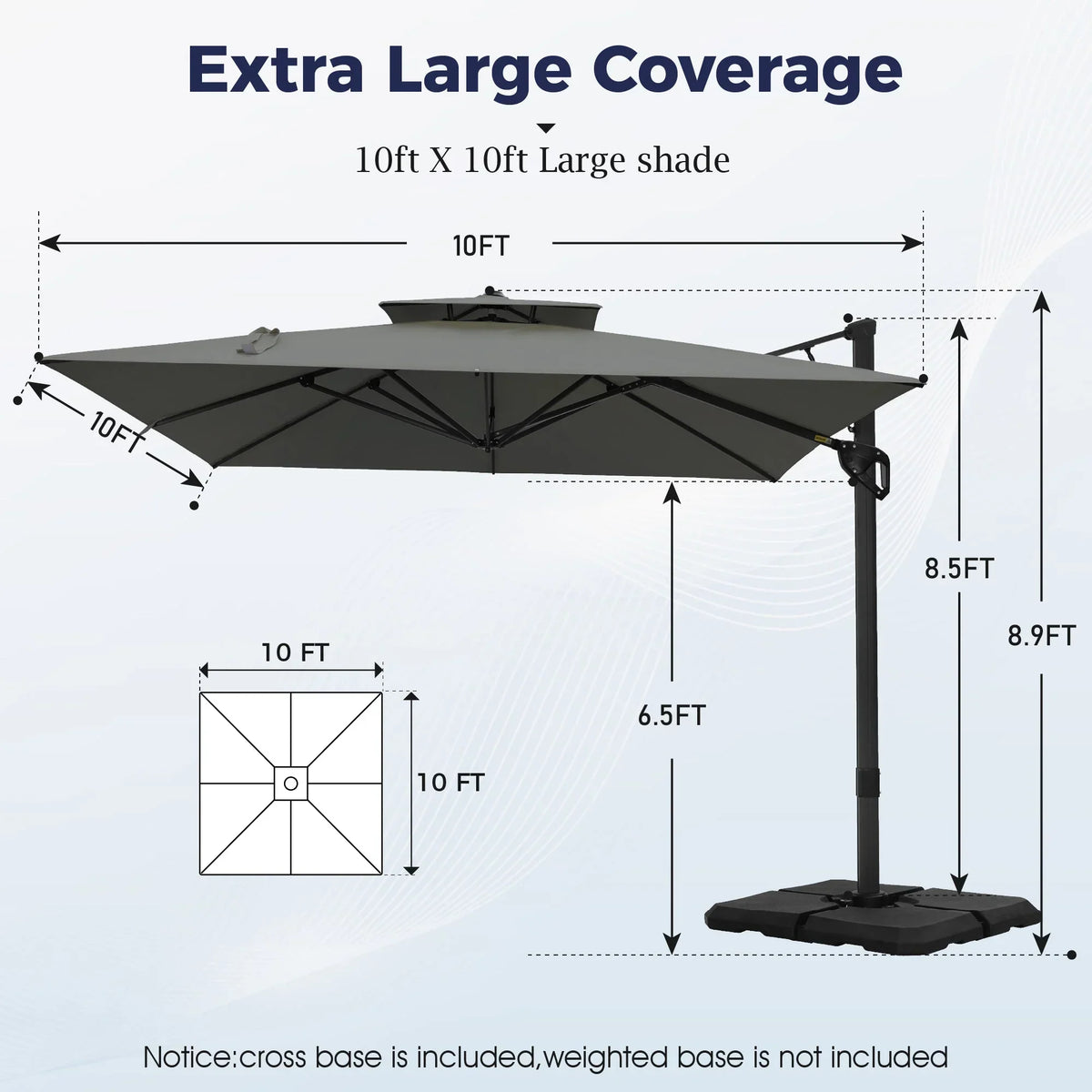 Nouveauté 2026 – Parasol d'extérieur Alpha Joy 12x9pi (3,66 x 2,74 m), grand modèle rectangulaire déporté à double structure, rotation à 360°, beige