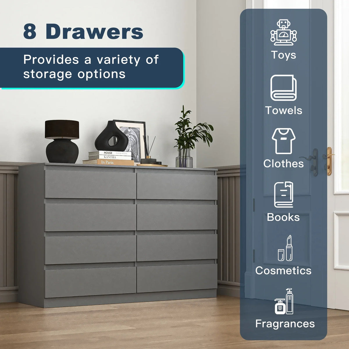 Nouveauté 2026 – Commode Resenkos moderne style milieu du siècle, 6 tiroirs, large, pour chambre à coucher, grise