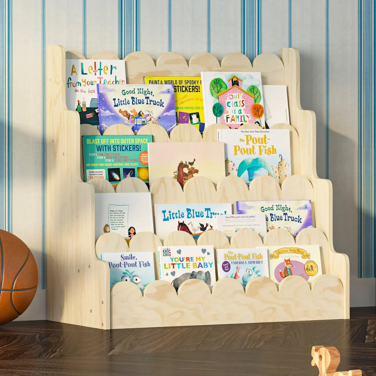 Nouveauté 2026 – Étagère Montessori en bois pour enfants - Présentoir à livres festonné à 4 niveaux, rangement pour livres et jouets de bébé/tout-petit, rangement mixte pour salle de jeux ou classe