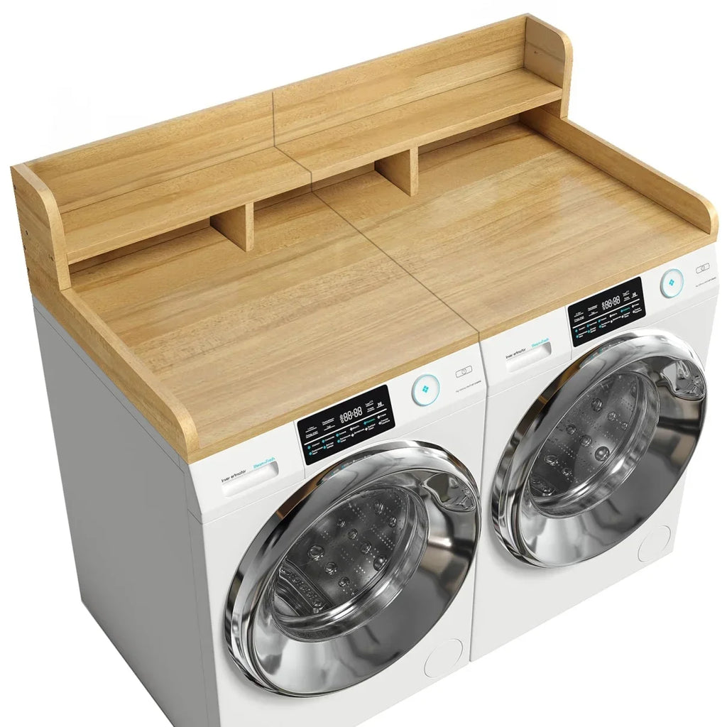 Nouveauté 2026 – Plan de travail Wood à 2 niveaux avec rebords, 137 cm L x 70 cm P, pour laveuse et sécheuse, idéal pour l'organisation et le rangement de la buanderie, couleur noyer