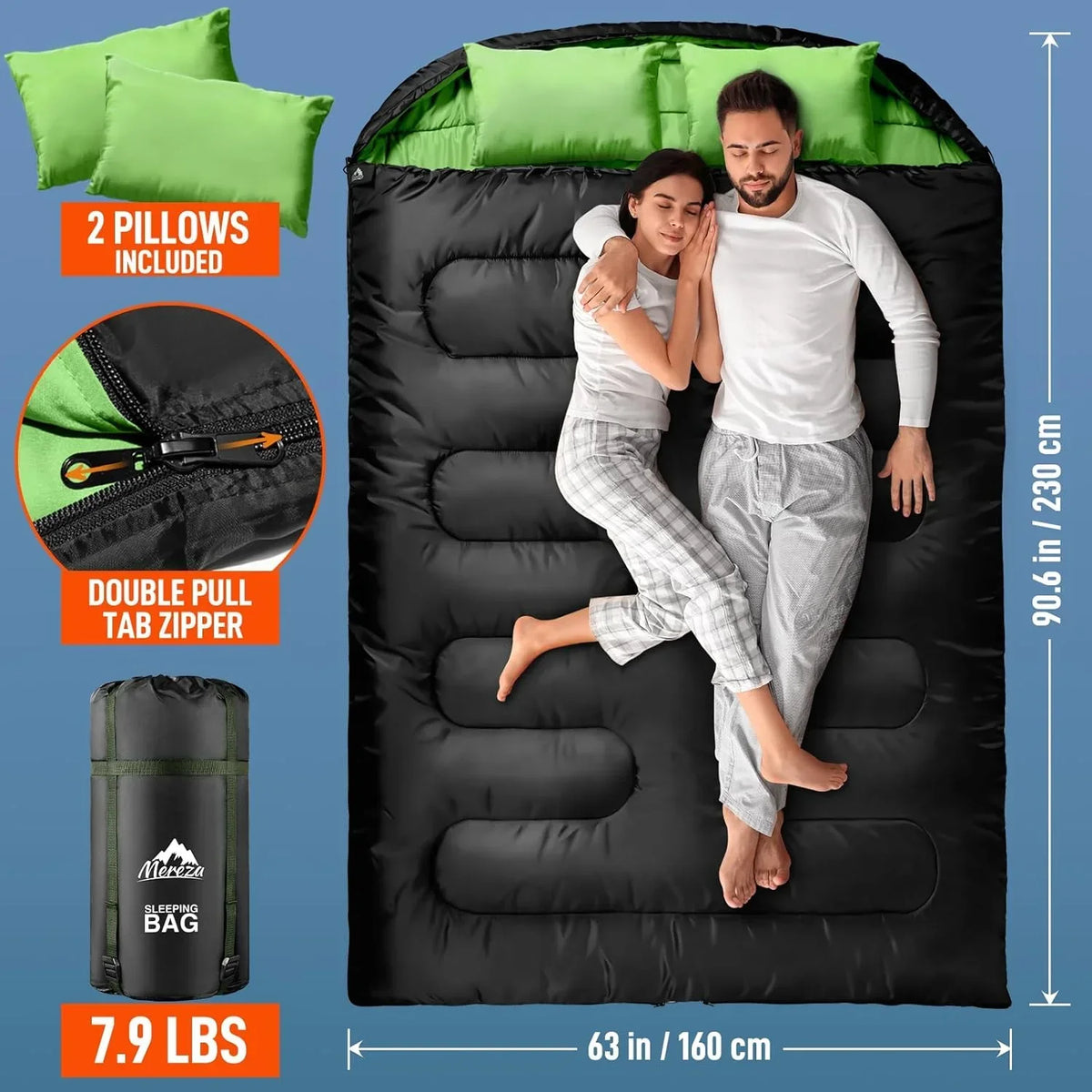 Nouveauté 2026 – Sac de couchage double pour adultes (hommes) avec oreiller, taille XL/Queen, idéal pour le camping, la randonnée et le trekking toutes saisons, par temps froid et chaud