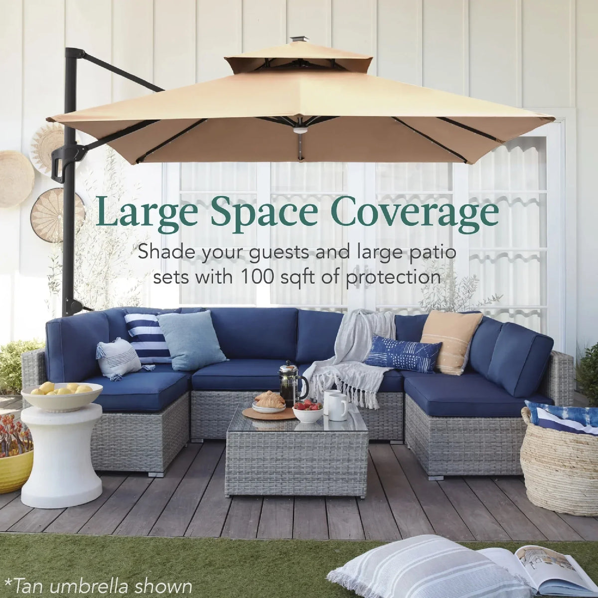 Nouveauté 2026 – Parasol de terrasse carré déporté à deux niveaux, 3 x 3 m, à éclairage solaire LED, avec base incluse (Best Choice Products, ) - Beige
