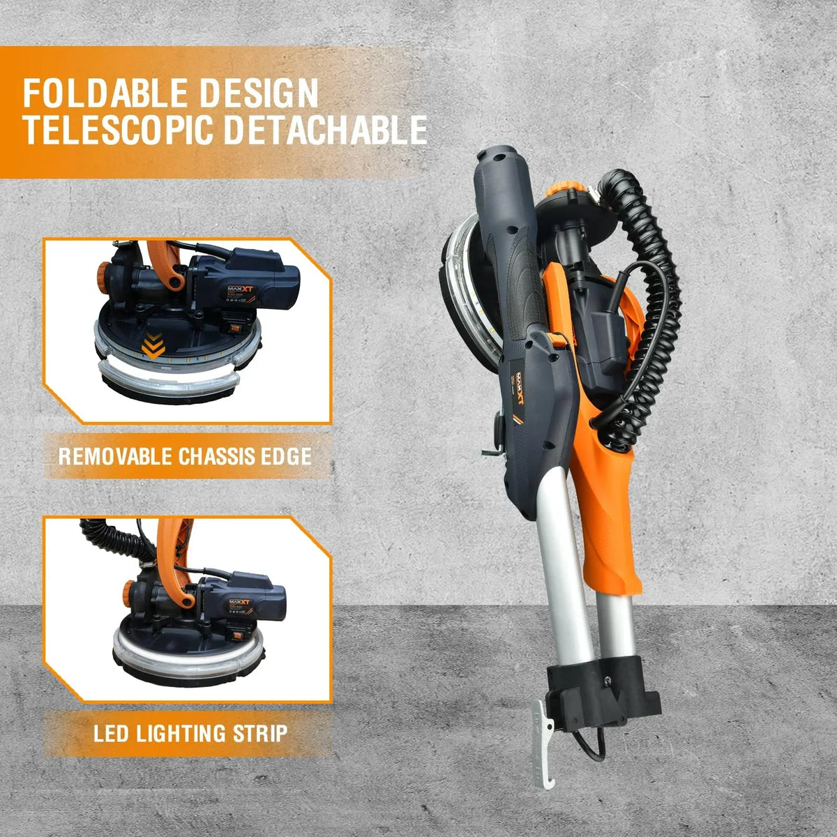 Nouveauté 2026 – Ponceuse électrique pour cloisons sèches POVANLI 780 W avec aspiration des poussières, moteur 6,5 A, vitesse variable (900-1800 tr/min), éclairage LED, poignée extensible et pliable, jaune et noir