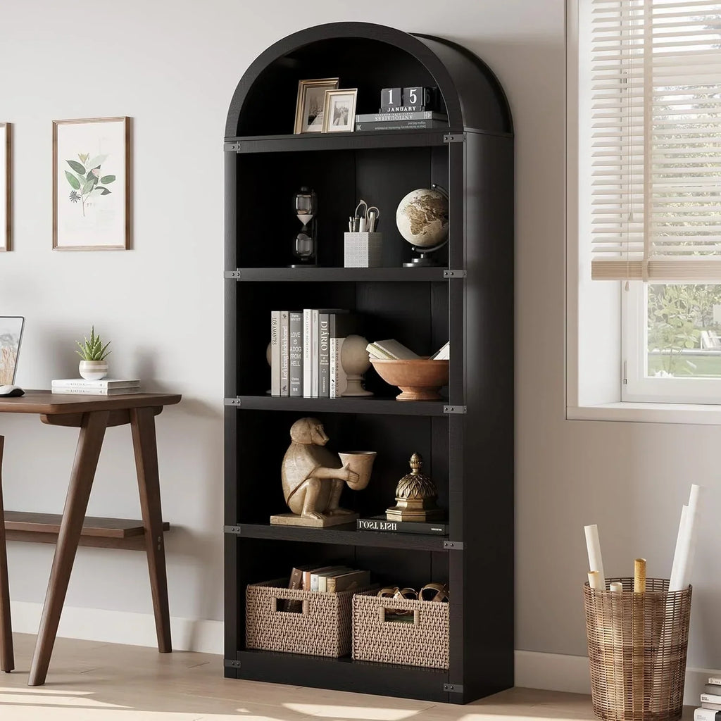 Nouveauté 2026 – Bibliothèque arquée à 5 étagères, 182 cm de haut, style ferme, étagère de rangement en bois pour la maison, le bureau ou le salon (blanche