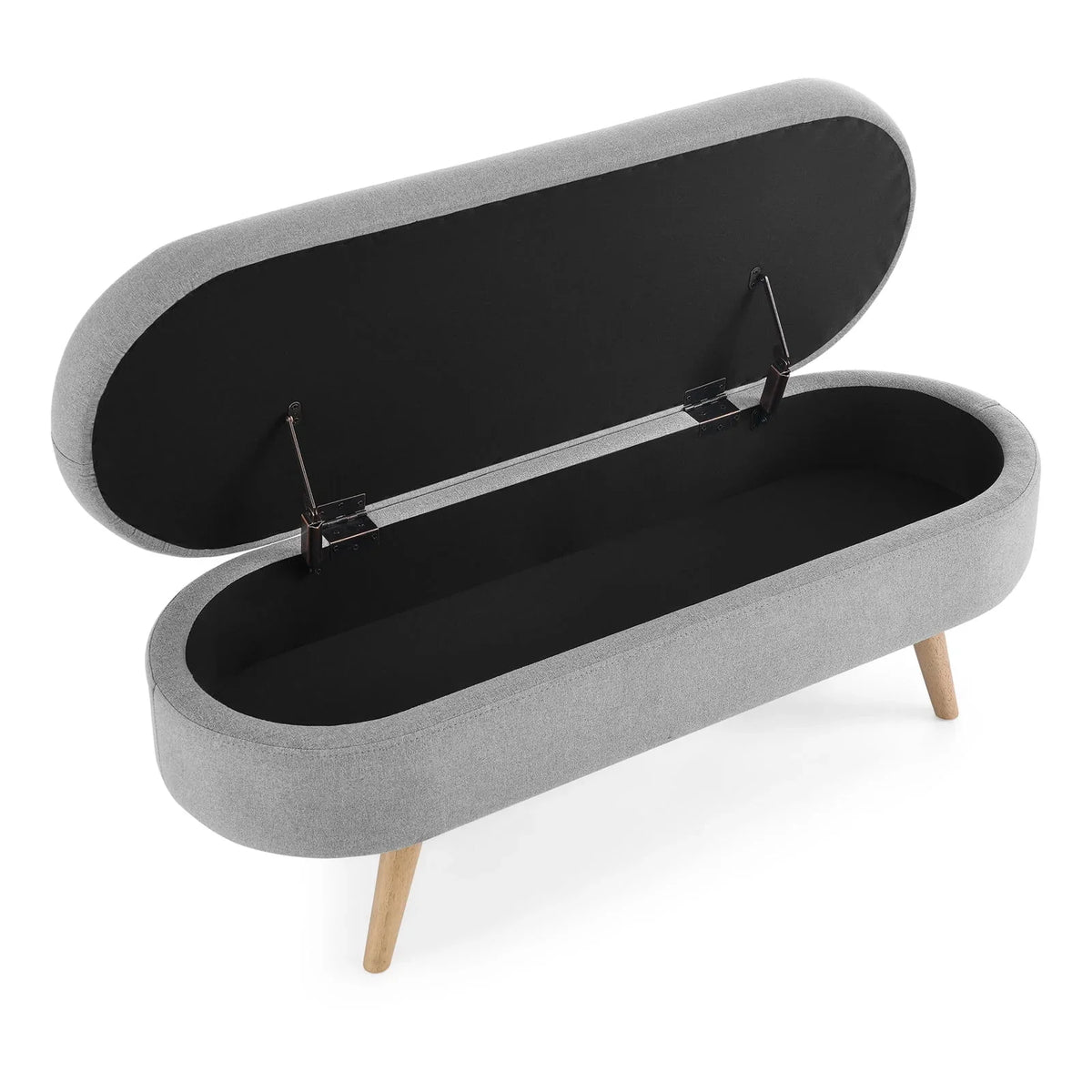 Nouveauté 2026 – Nouveau banc ottoman de rangement ovale de 110 cm (43,5 po) avec pieds en bois massif, revêtement en lin, charnière de sécurité, idéal pour l'entrée ou comme banc d'intérieur au pied du lit, à côté d'un canapé ou dans une entrée