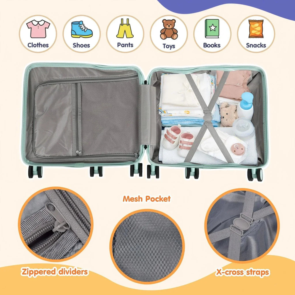 Nouveauté 2026 – Valise à roulettes Advwin pour enfants, avec sangle de traction, repose-pieds, porte-gobelet, 6 roues et poignée réglable, valise pivotante de 45,7 cm (18 pouces) avec autocollants et carte d'embarquement, rose