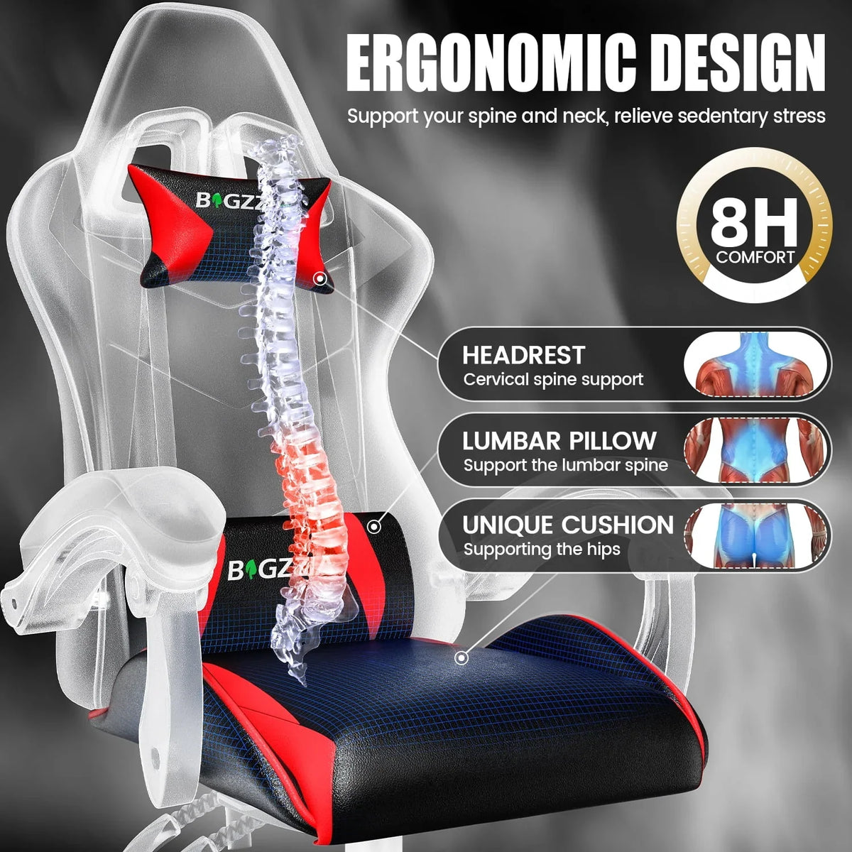 Nouveauté 2026 – Chaise de jeu Bigzzia , chaise de bureau ergonomique avec appui-tête et soutien lombaire réglables en hauteur, pour adultes et adolescents, noir et blanc