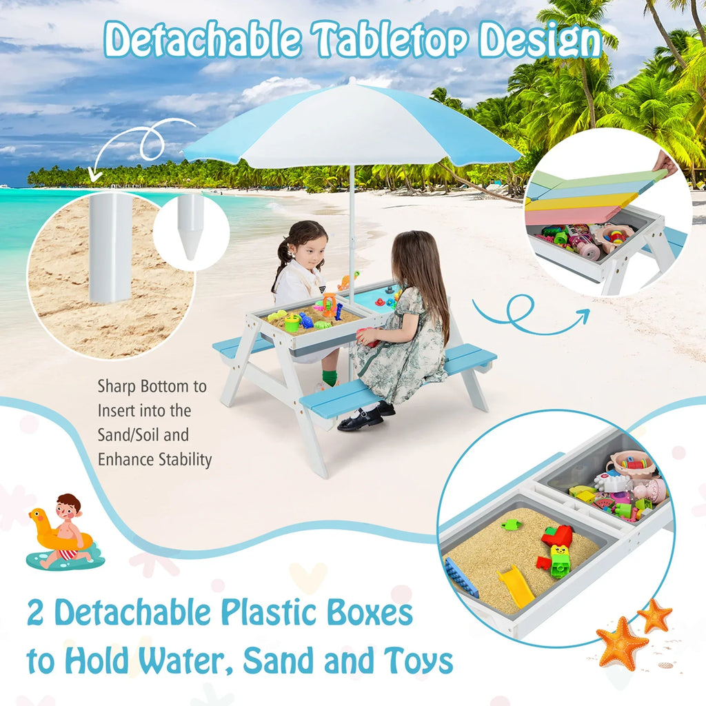 Nouveauté 2026 – Table de pique-nique 3 en 1 pour enfants Costway , en bois, avec bacs à sable et à eau, parasol et autres jeux, verte