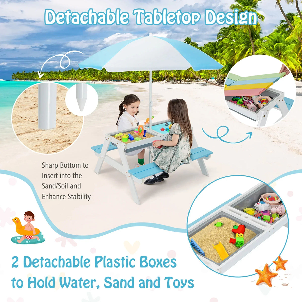 Nouveauté 2026 – Table de pique-nique 3 en 1 pour enfants Costway , en bois, avec bacs à sable et à eau, parasol et autres jeux, verte
